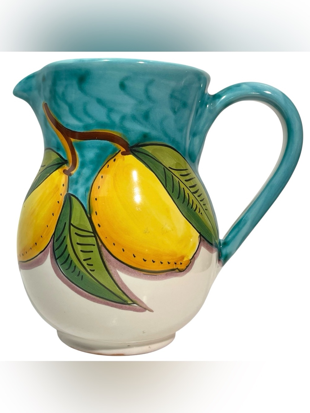 Vintage 1970s Positano Italian Majolica Pottery Art Pitcher - Hand Painted Lemon